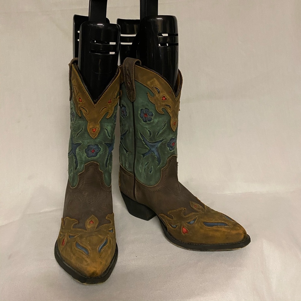 Dan Post Brown and Teal Embroidered Western Heeled Boots. - Picture 3 of 16